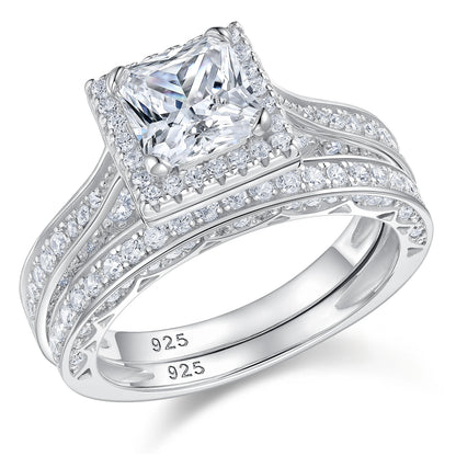 Newshe 2Pcs Genuine 925 Sterling Silver Moissanite /AAAAA Zircons Wedding Ring Set Halo Princess Cut Engagement Rings for Women