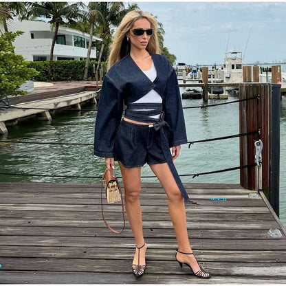 Street Lapel Cropped Coat Shorts Set Women's Solid Single Button Full Sleeve Jackets Ruffles Short Pants 2026 New Lady Outfits