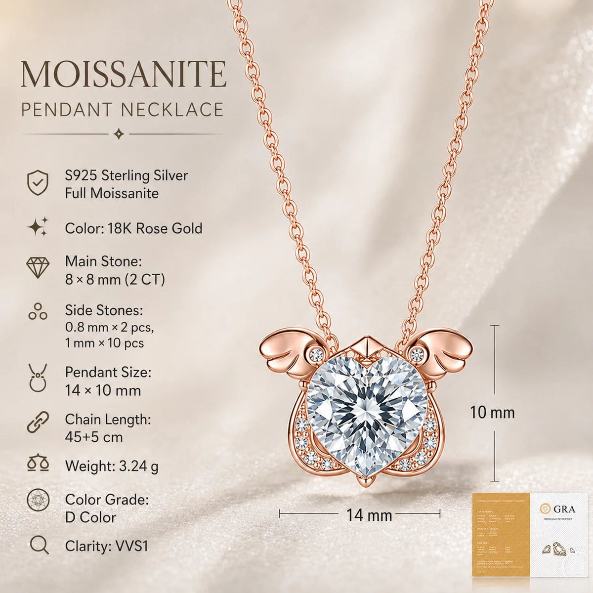 Moissanite Necklace 2CT Heart Stone S925 Sterling Silver Wing Pendant 45+5cm Chain for Women GRA Certified Moissanite