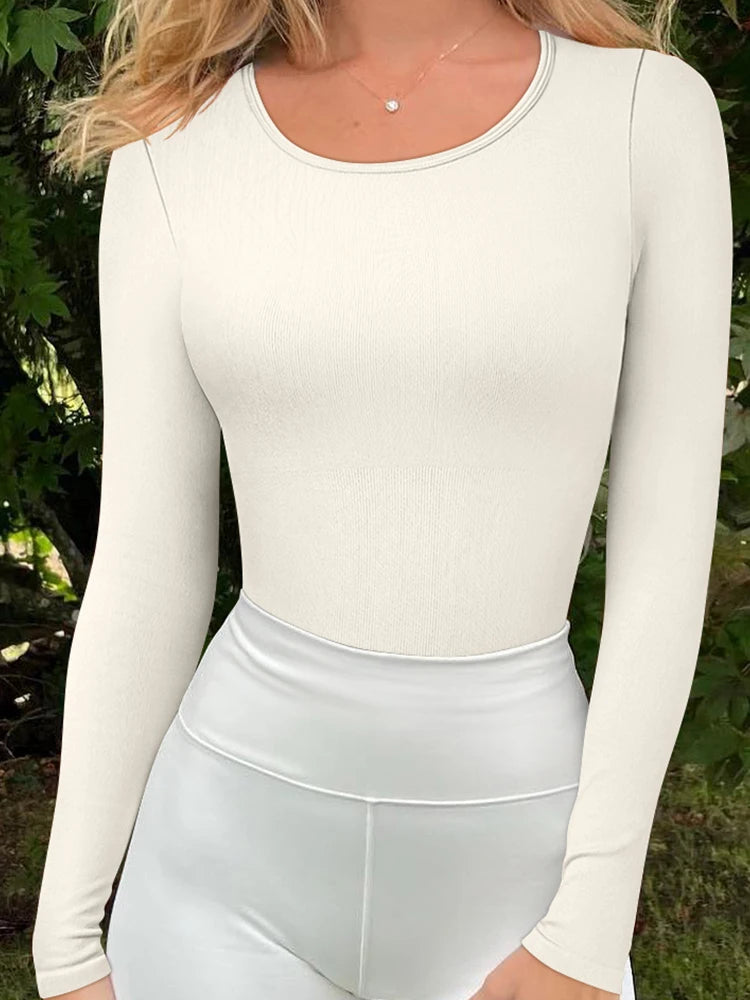 Long Sleeve Yoga Sports Bodysuits 2025 Autumn Solid Color Circular Collar Elastic Romper Sexy Women Jumpsuits