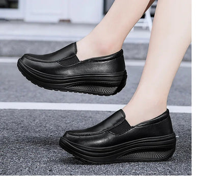 EOFK Women Moccasions Walking Shoes For Work Soft Wedges Platform Loafers Female Black Swing Slip On Casual Non Slip Female Shoe
