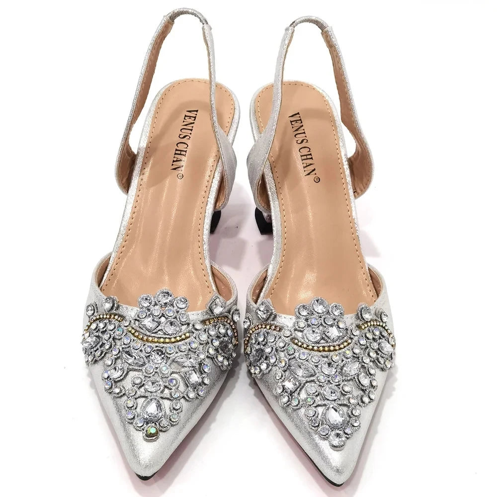 Exquisite 2024 Elegant Woman High Heels Peep Toe Shandals with Rhinestone Italian Design Shoes and Bags Set for Party