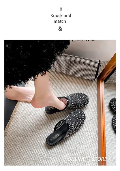 Summer Shoes for Women Slippers Luxury Rhinestone Rivets Casual Sandals Mesh Slip-on Loafers