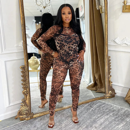 Sexy Bodycon Jumpsuits Women Clothes Leopard Mesh Print Semi Perspective Jump Suit Long Sleeve Bodysuit Nightclub Club Clothes