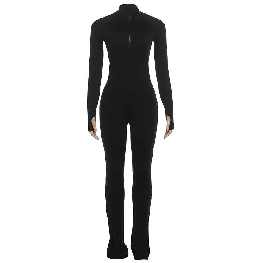 Weird Puss Basic Flared Jumpsuit Women Zip Letter Embroidery Full Sleeve Coquette Stretch Skinny Midnight Party Workout Overalls