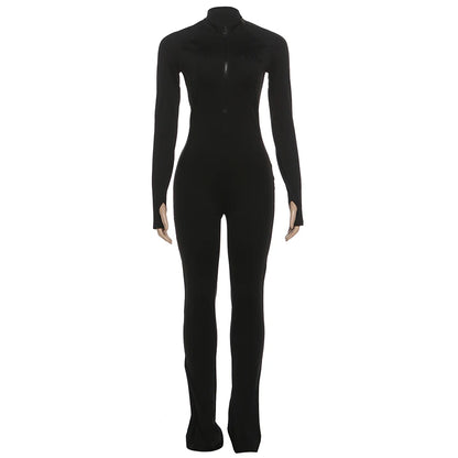 Weird Puss Basic Flared Jumpsuit Women Zip Letter Embroidery Full Sleeve Coquette Stretch Skinny Midnight Party Workout Overalls