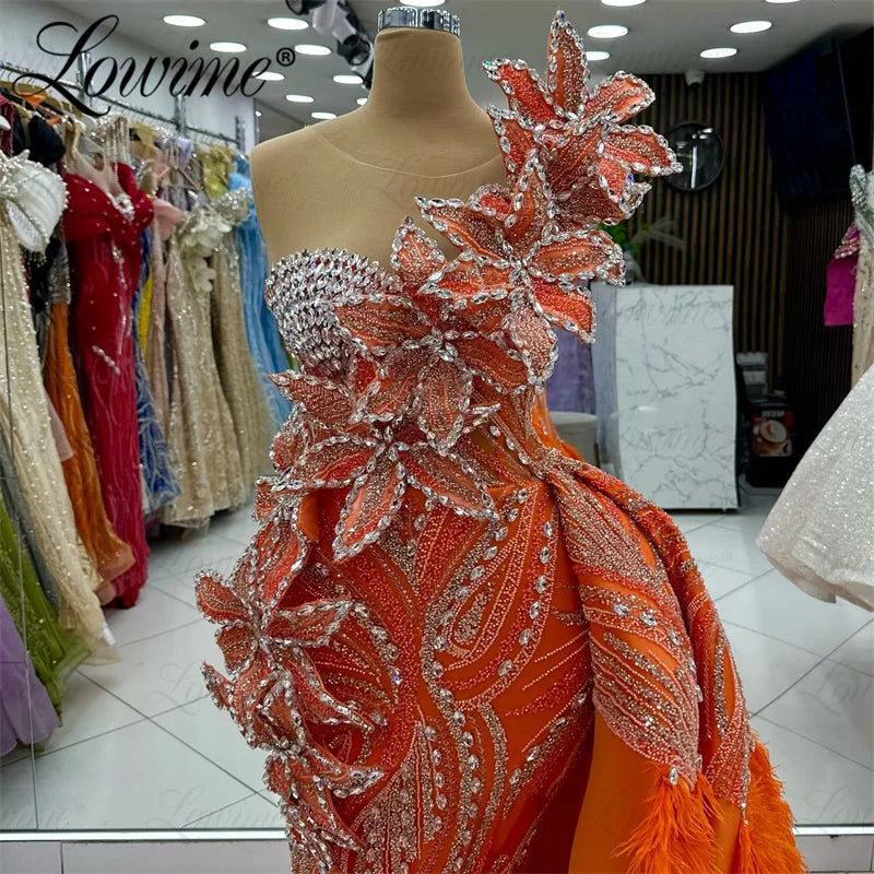 Orange Long Feathers Celebrity Dresses Mermaid Beaded Crystals Red Carpet Runway Dresses Customized Evening Gowns Vestidos 2025
