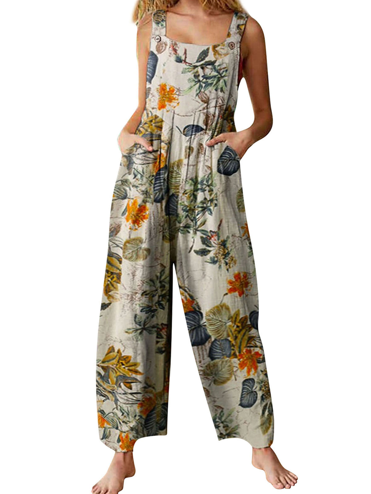 Women Plus Sizes Jumpsuit Leaf Floral Print Square Neck Sleeveless Fashion Casual Overalls with Pockets