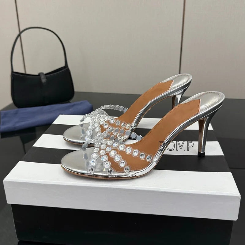 Fashionable Satin Pointed Toe Crystal High Heel Slippers Diamond Stiletto Sandals Luxury Sexy Design for Party Wedding Occasions