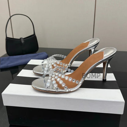 Fashionable Satin Pointed Toe Crystal High Heel Slippers Diamond Stiletto Sandals Luxury Sexy Design for Party Wedding Occasions