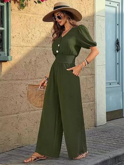 Women's V-Neck Waist Cinched Loose Fit Elegant Jumpsuit