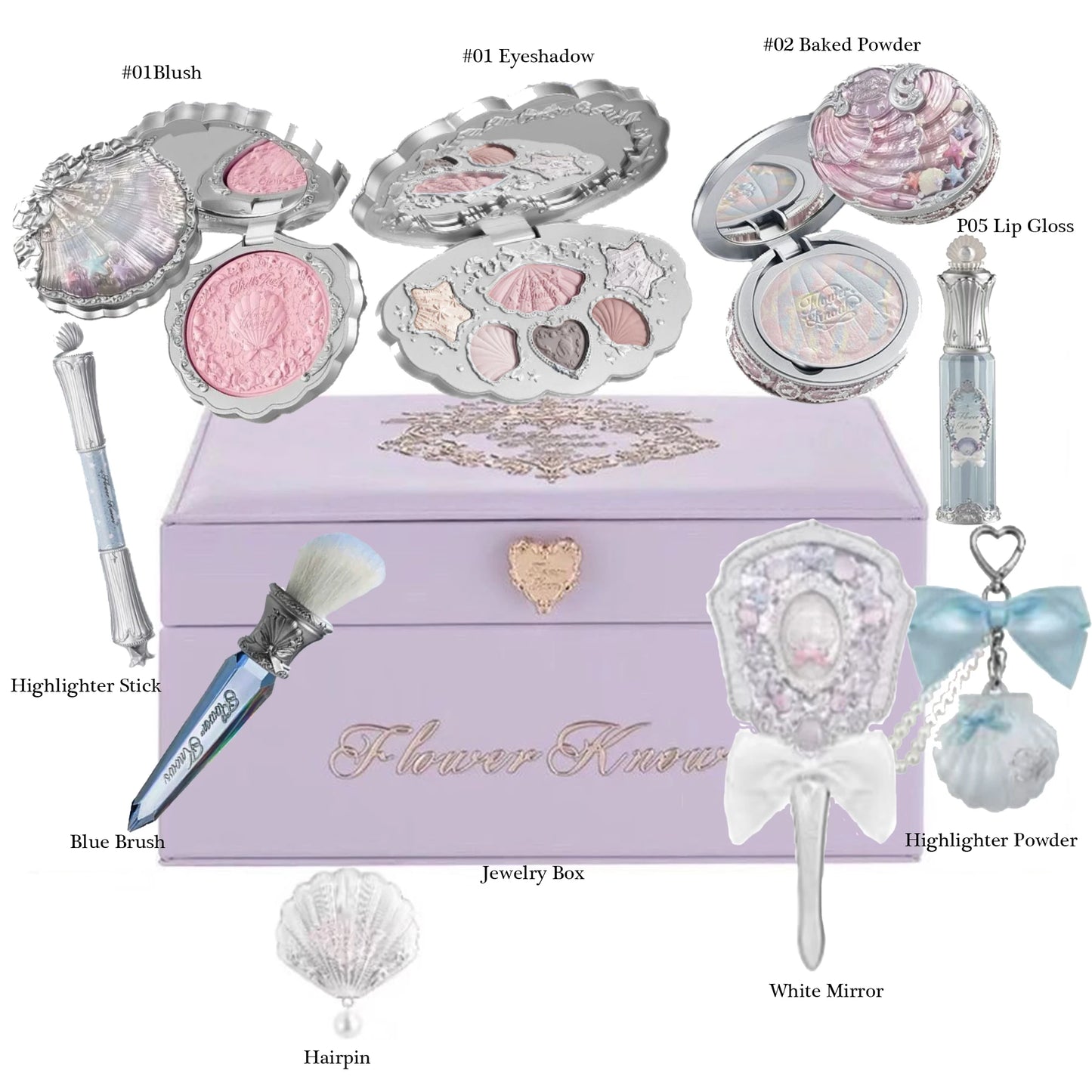 Flower Know Shell Jewelry All-In One Gift Set Makeup Set Full Professional Eyeshadow Blush Baked Powder 10pcs Flowerknows Kits