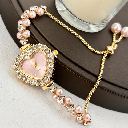 Elegant Heart-Shaped Watch with Double-Row Diamond Pearl Bracelet & Drawstring Closure