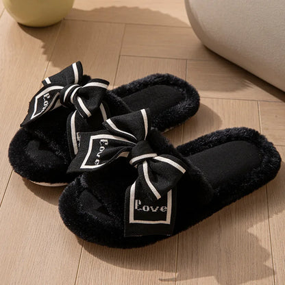 Love Fluffy Women's Slippers House Bow Luxury Designer Woman Shoes Flats Fuzzy Fur Slides Home Spring Autumn Elegant Soft Sole