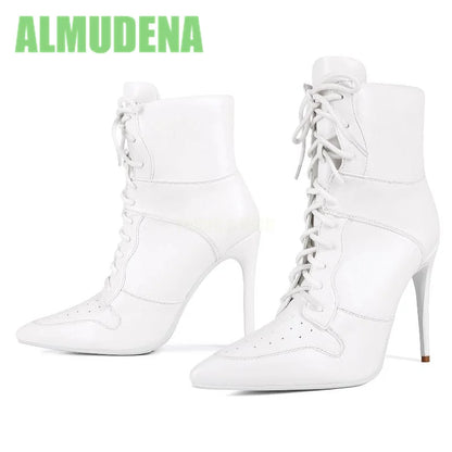 Front Lace Up Sports Style Short Boots Stylish  Sexy Pointed White Leather Patchwork Design British Style Slim High Heels