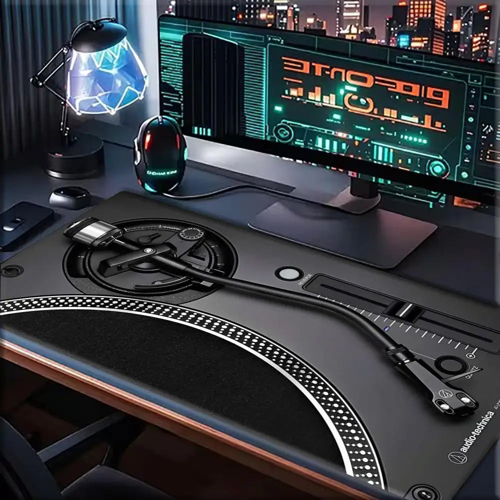 Retro Vinyl Turntable DJ Design Extended Mouse Pad Non‑Slip Rubber Base Tech Style Large Gaming Desk Table Play Mat PC Laptop