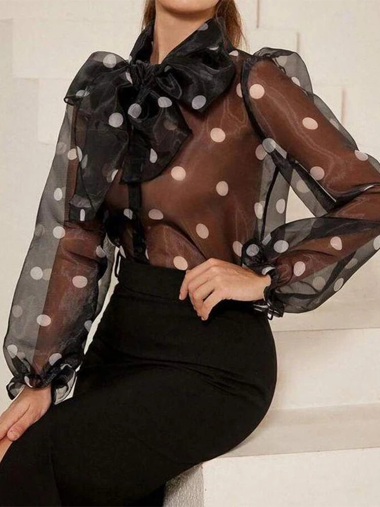Fashion Women Polka Dot Print Shirt Office Lady Casual Elegant Chic Blouse Lace-up Bow Long Sleeve Loose Top 2025 Ropa Mujer