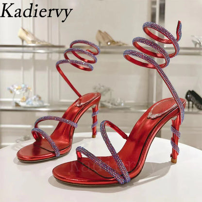 Luxury High Heels Sandals Woman Rhinestone Snake Twine Around Ankle Strap Wedding Shoes Stiletto Summer Gladiator Sandals Women