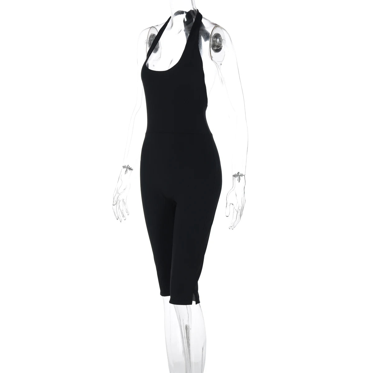 Hugcitar Halter Square Collar Black Sexy Backless Bandage Slit Skinny Playsuit Fashion Women One Piece Romper Streetwear Fitness