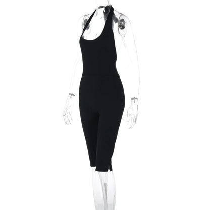 Hugcitar Halter Square Collar Black Sexy Backless Bandage Slit Skinny Playsuit Fashion Women One Piece Romper Streetwear Fitness