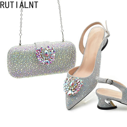 New Italian Shoes and Bags Matching Set 2025 Luxury Designer Pumps Women Full Rhinestone Designer Shoe and Bag Sets From Italy