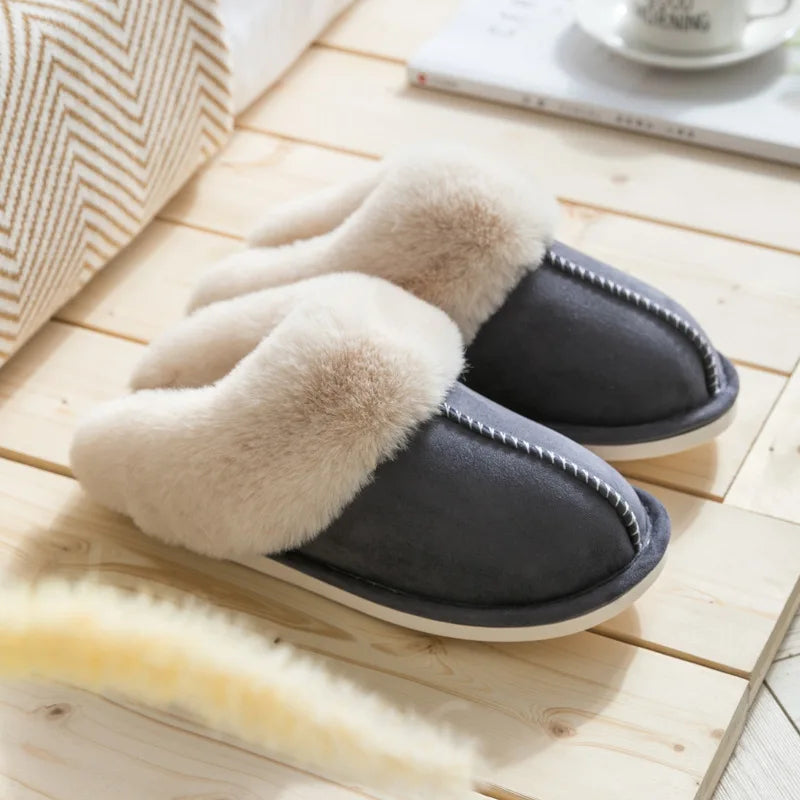 2025 Winter Warm Home Fur Slippers Women Luxury Faux Suede Plush Couple Cotton Shoes Indoor Bedroom Flat Heels Fluffy Slippers