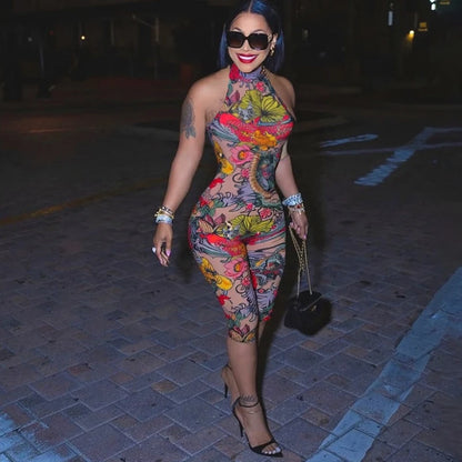 Sheer Mesh Print Transparent Sexy Bodycon Backless Jumpsuit Women Sleeveless Summer Rompers Jumpsuits for Women Playsuit