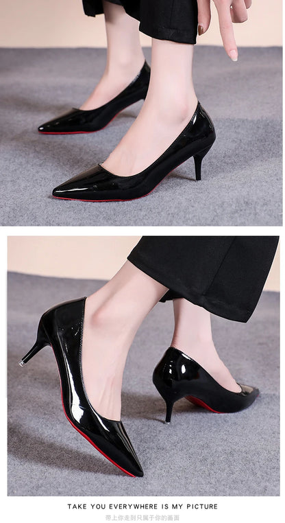 Sexy Pointed Toe Patent Leather High Heels Temperament Girl Red Sole Party Dress Stiletto Pumps Classic Black Work Single Shoes