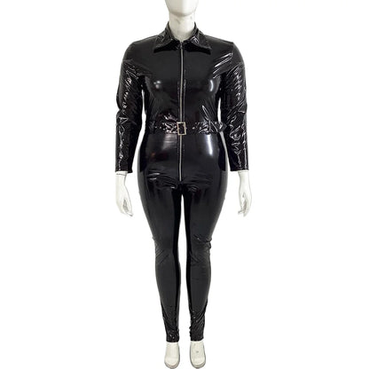 Plus Size Faux Latex Catsuit Elastic PVC Leather Zipper Long Sleeve Jumpsuit Tight Sexy Cosplay Rompers Ankle-length Club Zentai