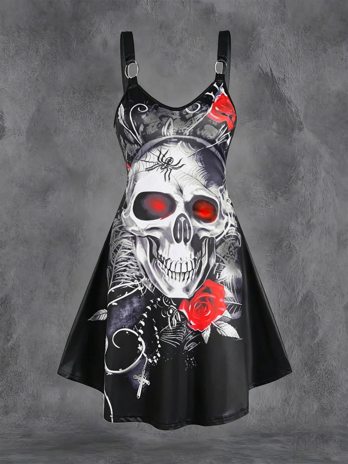 Plus Size Pentagram Flame Print O-Ring Strap Swing Mini Cami Dress Gothic