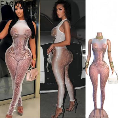 FAGADOER Fashion Scale Printing Patchwork Bodycon Jumpsuits Woman See Through Sleeveless Rompers Female Streetwear Overalls New