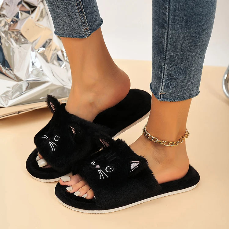 Casual Fluffy Women's Slippers Home Flats Cat Cartoon Luxury Designer Shoes Girls Spring Autumn Elegant Indoor Slides Soft Sole