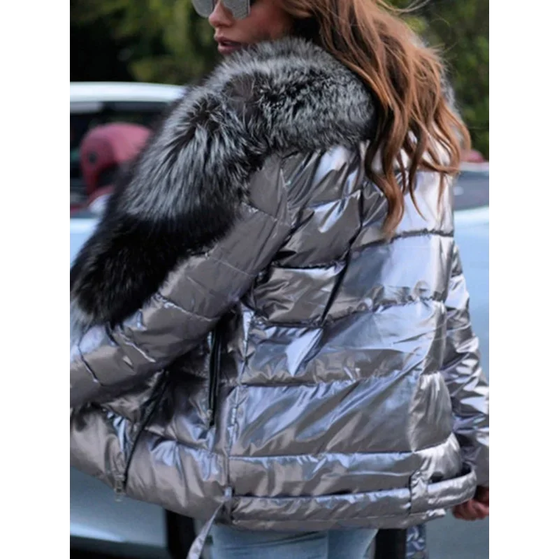 Winter Coat Women Bright Surface  Large Collar Short Down Cotton Jacket Punk Style Slim