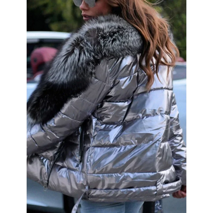 Winter Coat Women Bright Surface  Large Collar Short Down Cotton Jacket Punk Style Slim