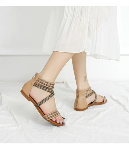 High quality leather flat sandals for women stripe zipper new summer 2026 36 42 open toe casual beach shoe black khaki brown