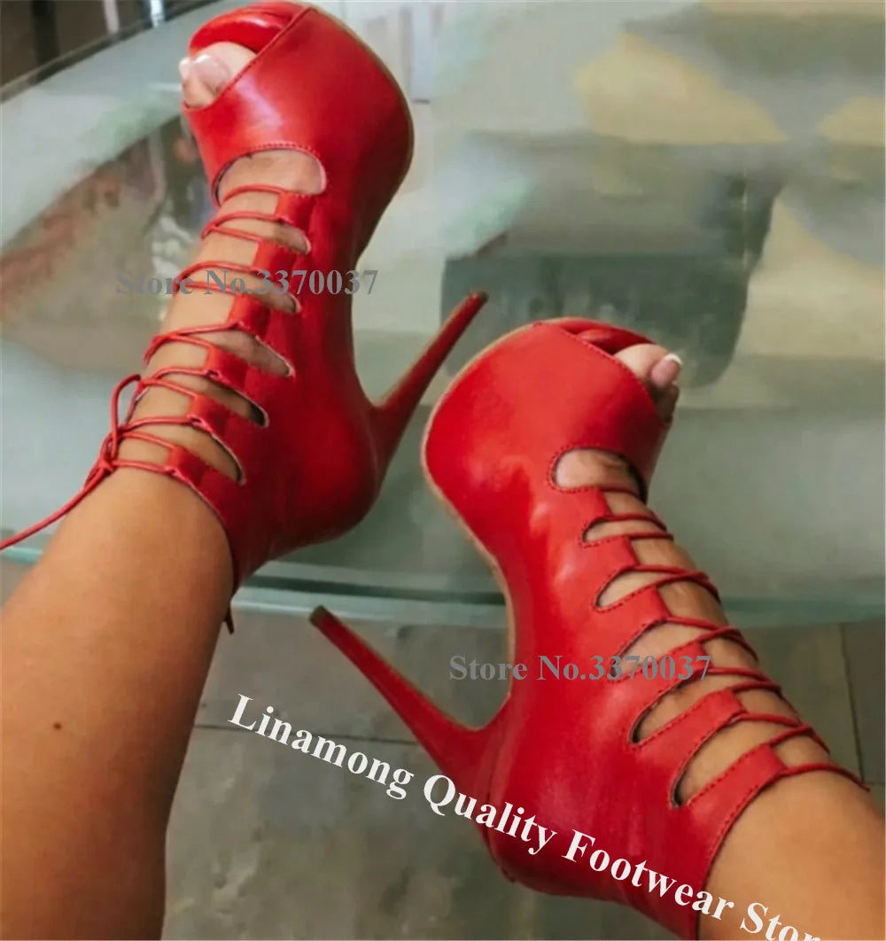 Linamong White Matte Leather Stiletto Heel Straps Cross Sandals Peep Toe Lace-up High Platform Thin Heel Party Heels