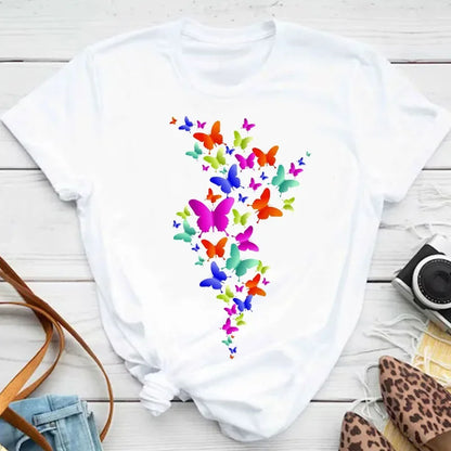 New Fashion Women T-shirt Colorful Butterfly Petal Print Short Sleeve and Round Neck Cute Graphic Tee Shirts Female Tops Clothin