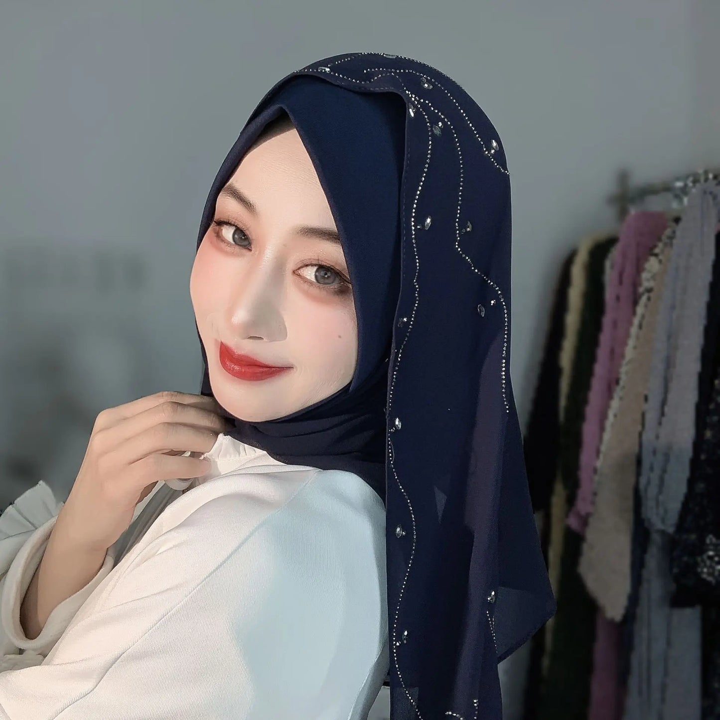 Malay Solid Chiffon Turban Head Scarf for Women, Irregular Rhinestone Hotfix Wrapped L-Edge Pull-On Scarf,Soft Muslim Hijab Wrap