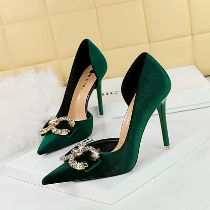 BIGTREE Party Pumps 7cm Thin High Heels Western Style Velvet Shallow Pointed Toe Side Hollow Crystal Pearl Bow Lady Shoes Pink