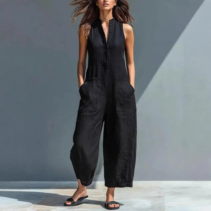 Women's Summer Sleeveless Jumpsuit Button Up Stand Collar Loose One Piece Overalls Wide Leg Long Pants Rompers with Pockets