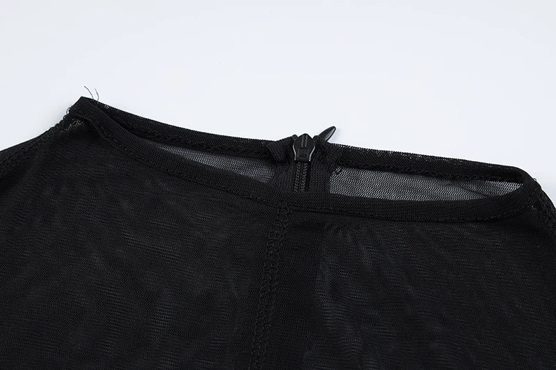 Hugcitar Mesh Long Sleeve Black Zip Up See Through Sheer Sexy Bodycon Jumpsuit 2025 Summer Women Romper Beach Festival Club Y2K