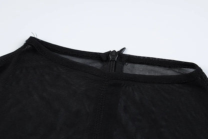 Hugcitar Mesh Long Sleeve Black Zip Up See Through Sheer Sexy Bodycon Jumpsuit 2025 Summer Women Romper Beach Festival Club Y2K