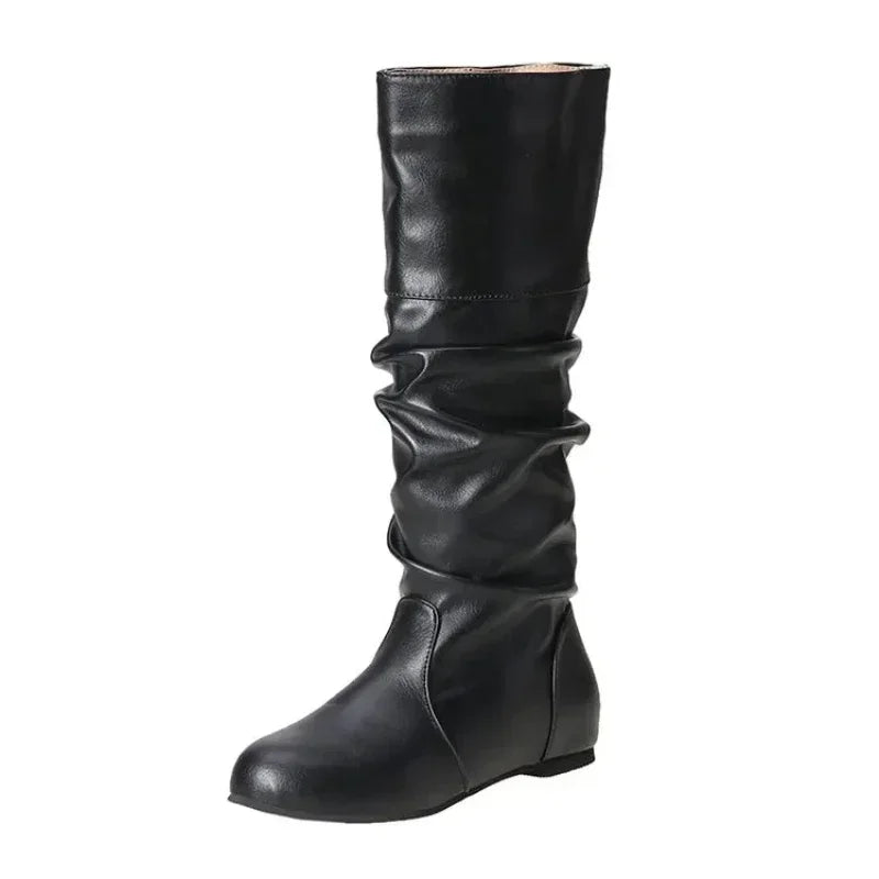 2025 New Women Flat Boots Fashion Pleated Leather Boots Autumn Winter Slip on Mid-Calf Shoes for Women Brand Designer High Boots