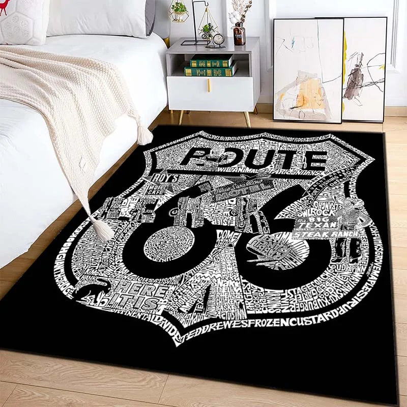 Route 66 Motorcycle Pattern Print Flannel Area Rug Americana Theme Soft Comfortable Floor Mat For Living Room Bedroom