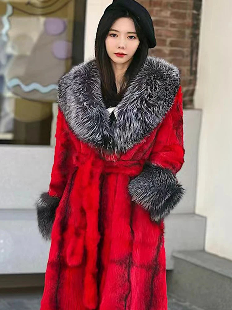 Winter Women Real Rabbit Fur Coat Long Natural Rabbit Fur Jacket Fox Fur Collar and Cuff Thick Warm Ladies Overcoat