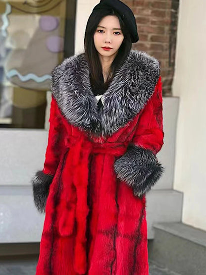 Winter Women Real Rabbit Fur Coat Long Natural Rabbit Fur Jacket Fox Fur Collar and Cuff Thick Warm Ladies Overcoat