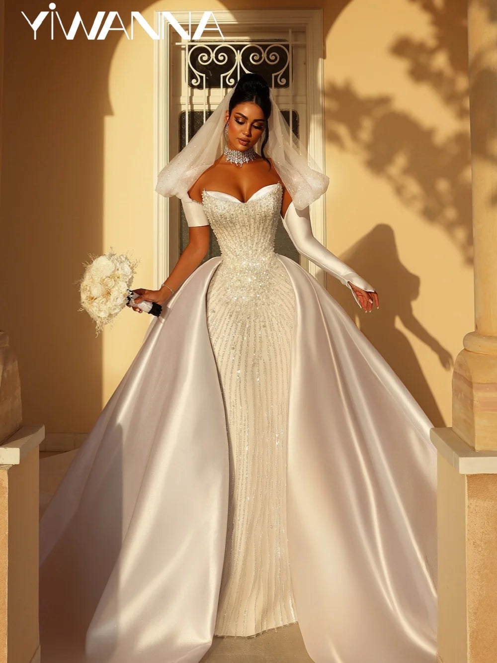 Detachable Satin Train Wedding Dress Elegant Dazzling Beaded Bridal Gown Customized Dreamy Sweetheart Neck Dresses For Bride