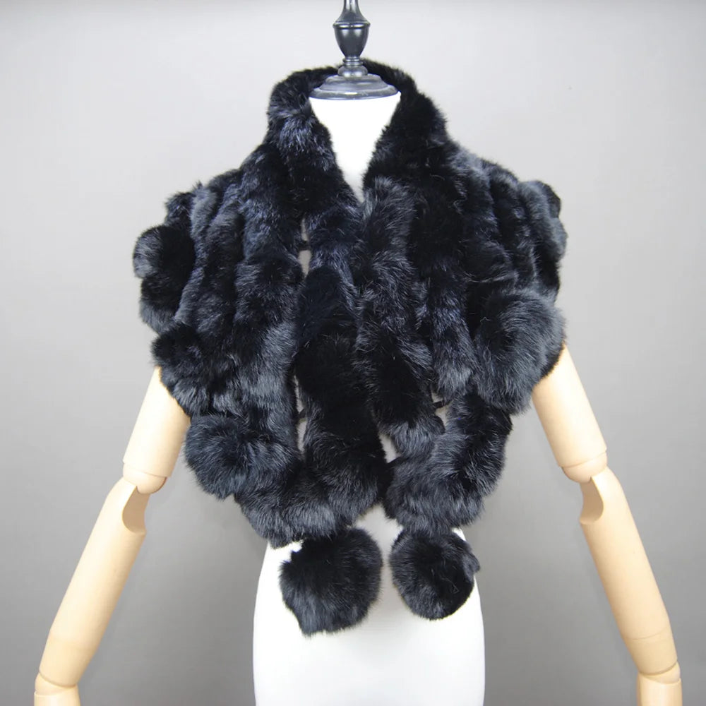 Women Fashion Outdoor Knit 100% Real Rabbit Fur Scarves New Lady Winter Real Rabbit Fur Scarf Natural Warm Soft Rabbit Fur Shawl