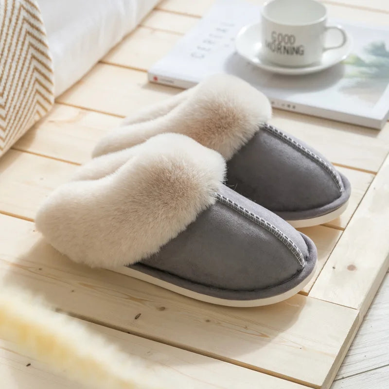 2025 Winter Warm Home Fur Slippers Women Luxury Faux Suede Plush Couple Cotton Shoes Indoor Bedroom Flat Heels Fluffy Slippers