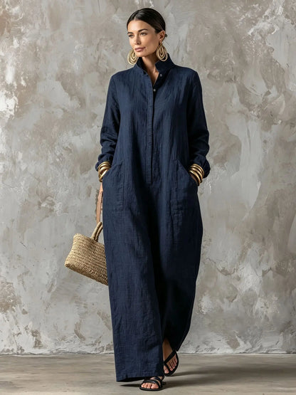 Women's Spring Autumn Long Sleeved Jumpsuit With Pockets Simple Solid Button Half Open Design Loose Jumpsuits Ladies Casual Wear